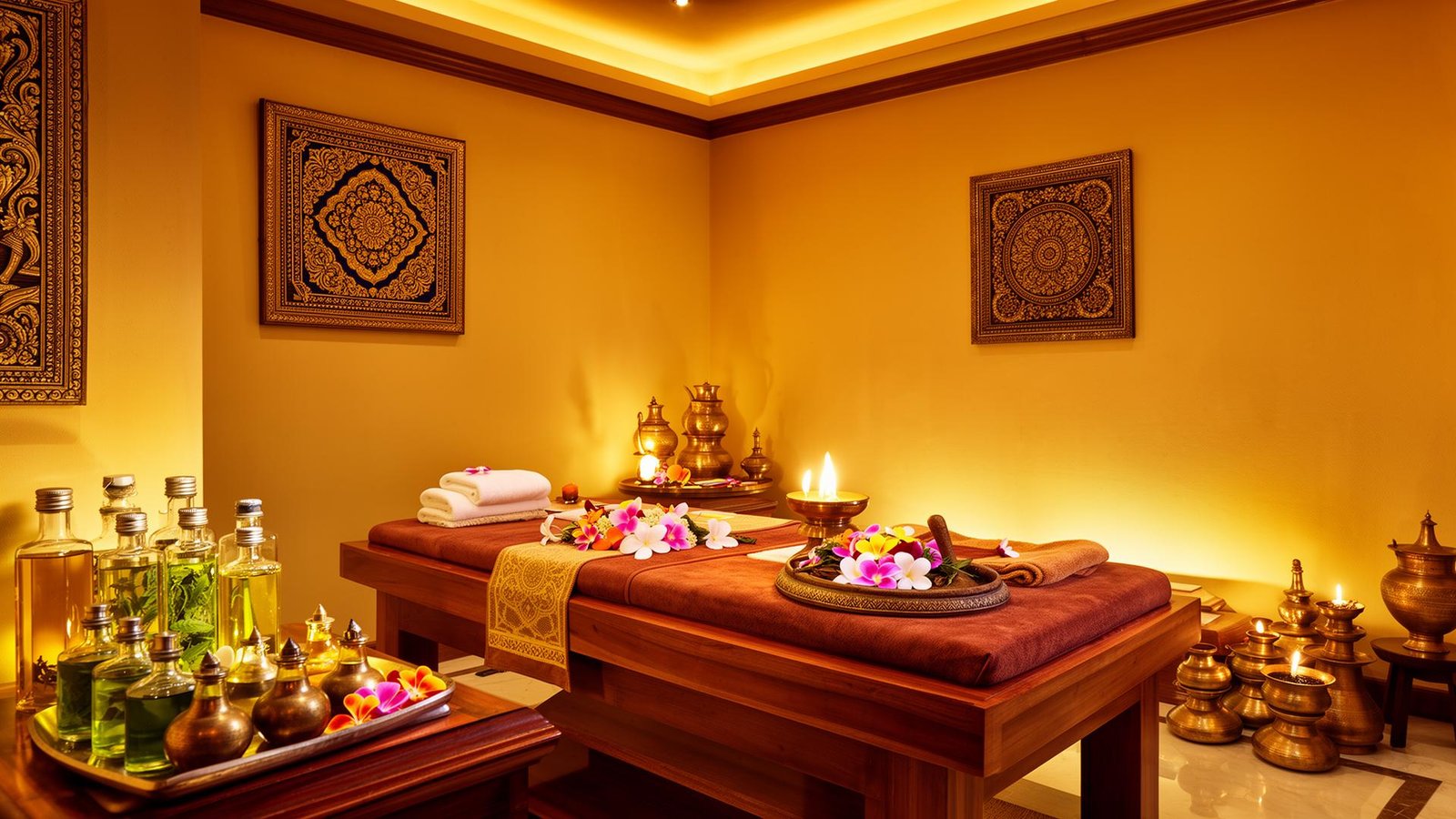 Luxury Ayurvedic treatment room with traditional Kerala decor at Jeeva
