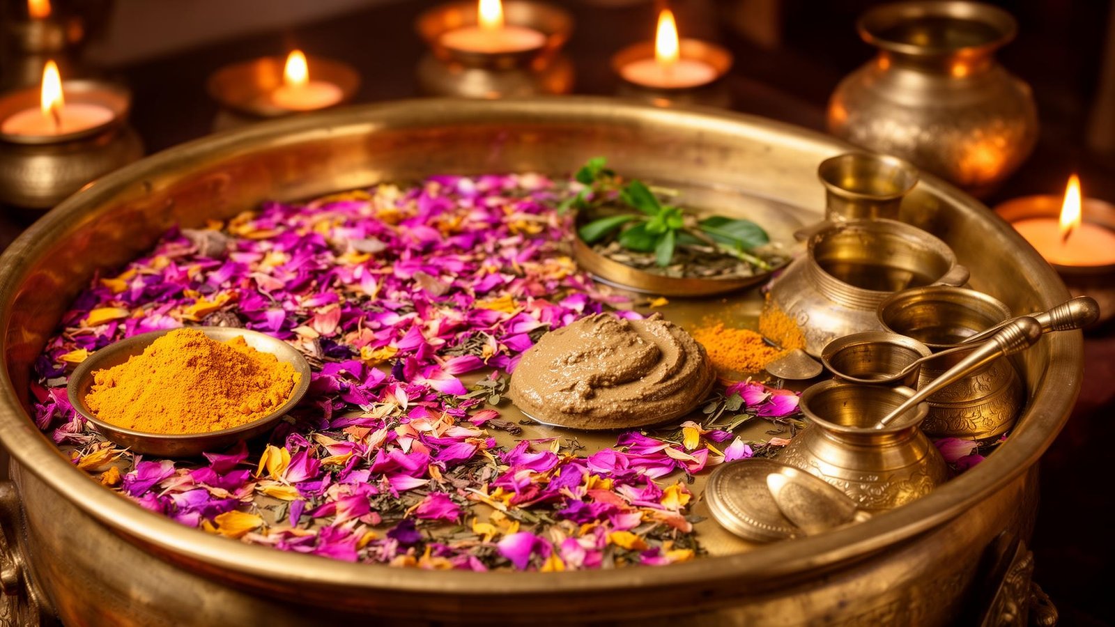 Traditional Ayurvedic herbal preparation with flower petals and turmeric